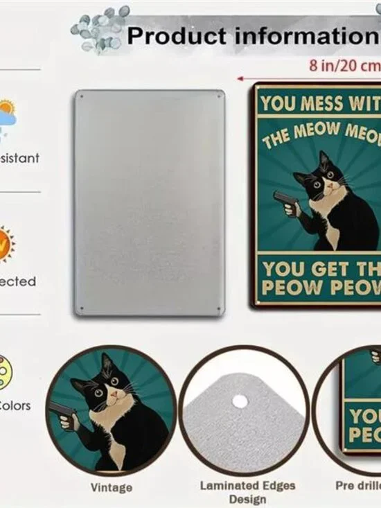 Cat Lovers Gifts You Mess With Meow Mow Cat Tin Sign for Home Man - Picture 3 of 6